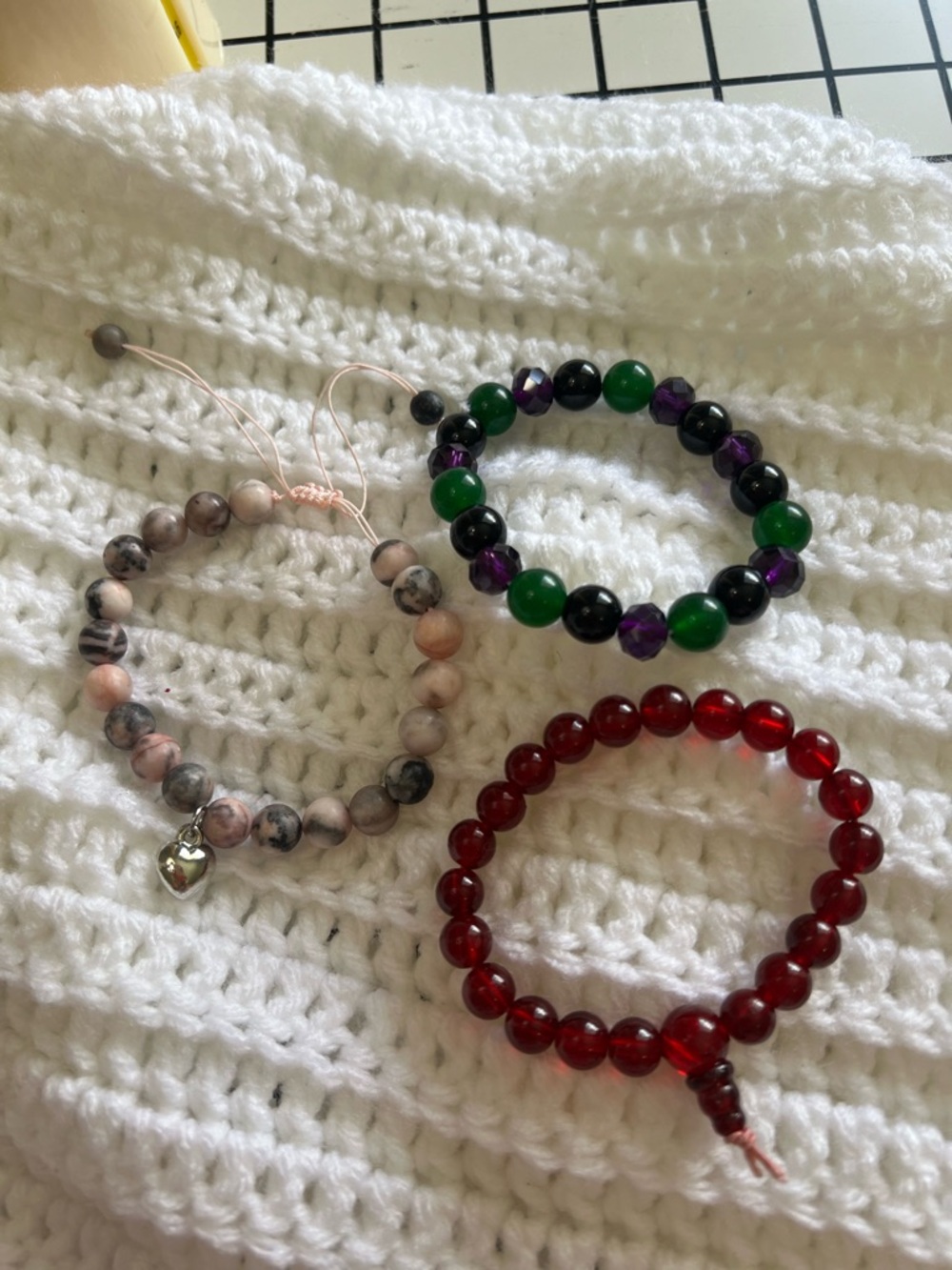 Beaded Stretch Bracelet Trio — Red, Green/Purple/Black, Pink/Gray
